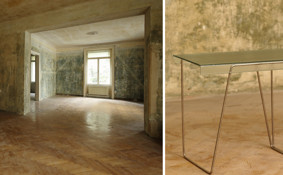 Tisch mit Glasplatte gebogen